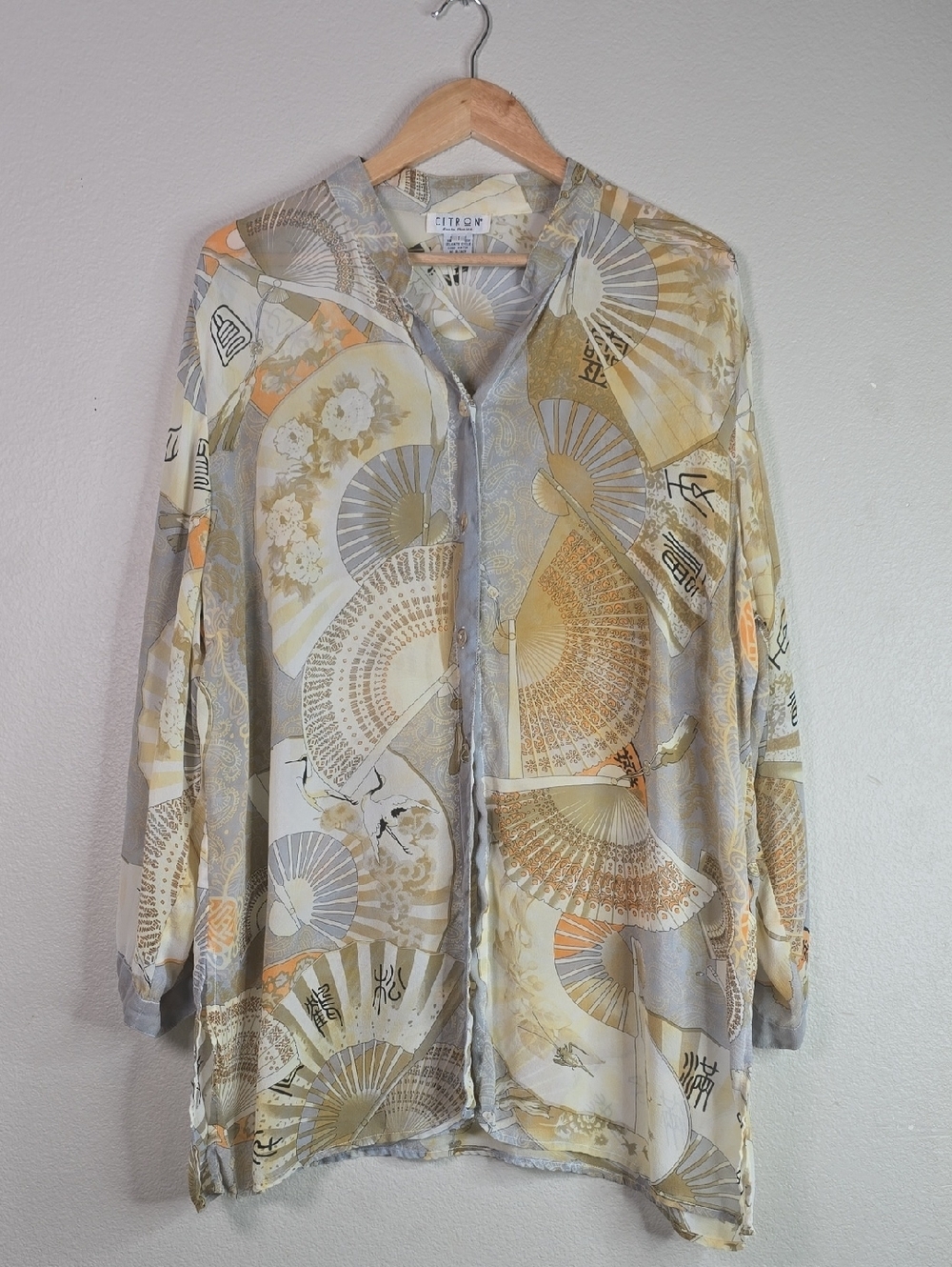 Citron Sheer Fan-Print Button Front Top - Pale Gold & Gray 100% Silk  Tunic